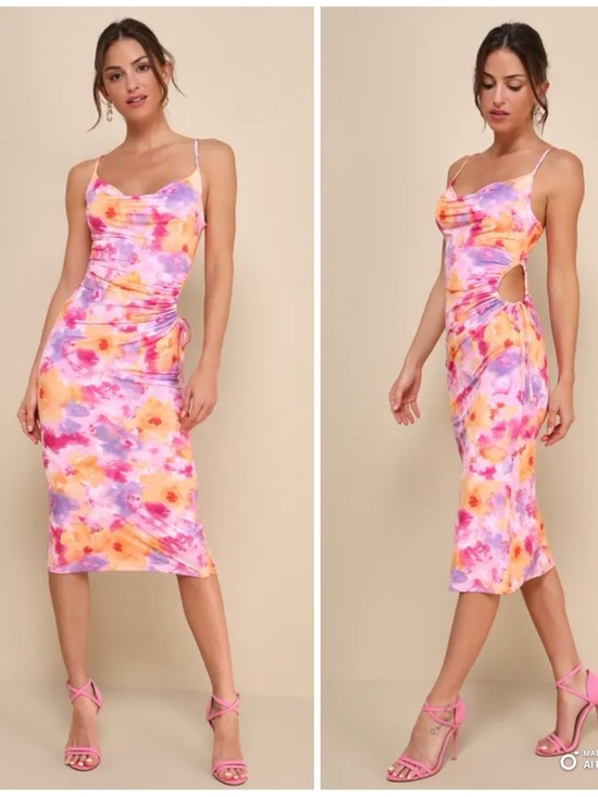 Lulus Dresses & Skirts - Floral Tie-Dye Cutout Slip Midi Dress - Pink & Purple